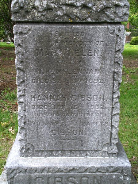 Photo of headstones/Mary Helen Gibson d1892 hdstn Mount Pleasant Cem Toronto ON